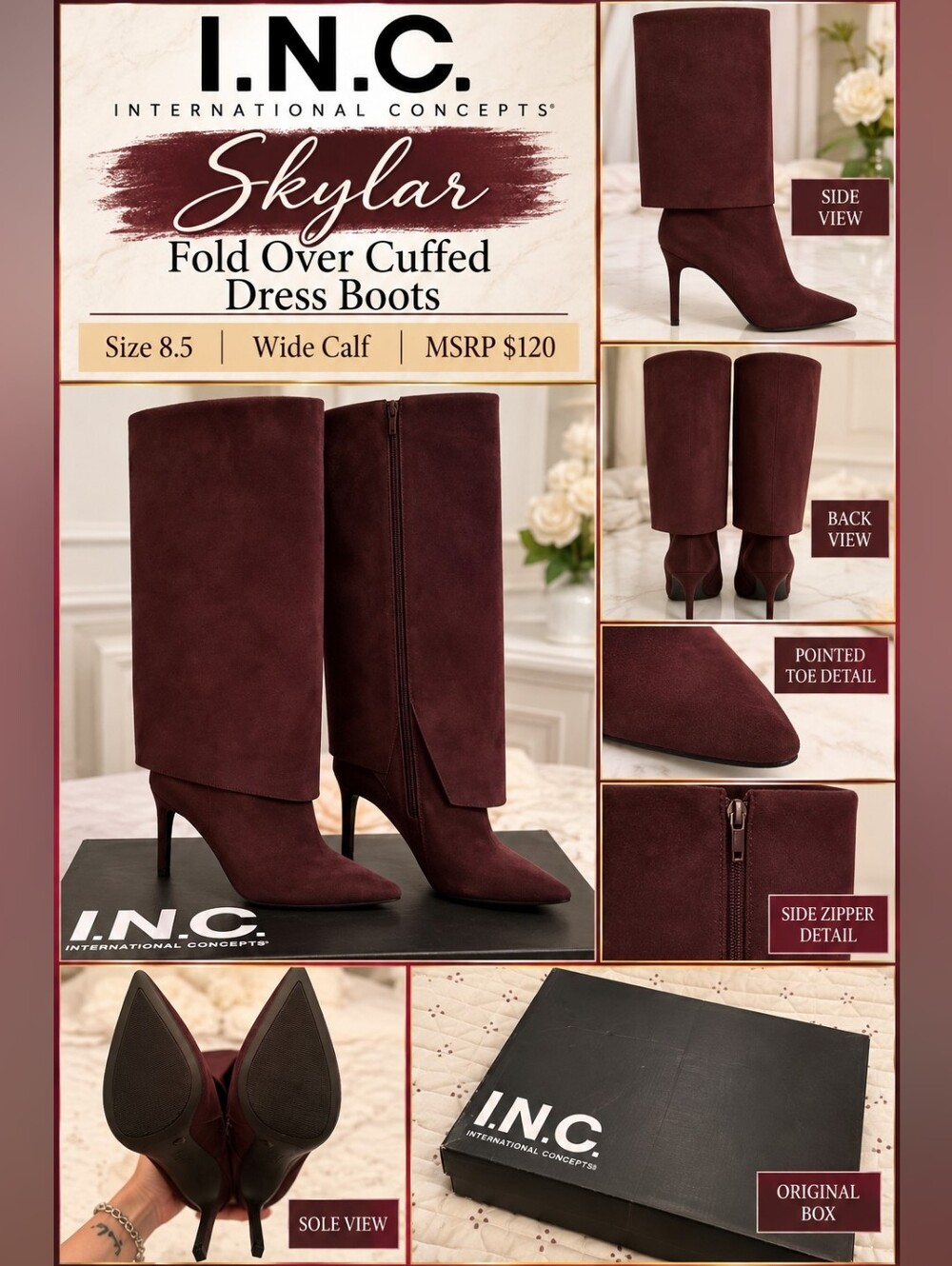INC International Concepts Skylar Fold-Over Cuffed Dress Boots - Dark Brown.